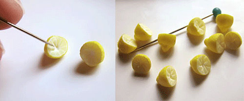 Разрежьте лимон пополам, с помощью булавки выделите текстуру лимона.